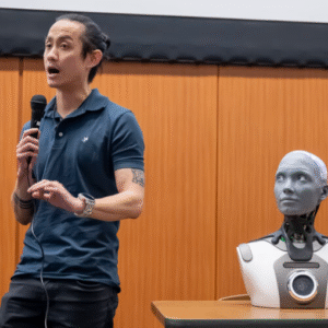 Pranešėjas su mikrofonu stovi šalia stalinio humanoidinio roboto Ameca Desktop, kuris pastatytas ant stalo konferencijų salėje ir žiūri į žmogų.