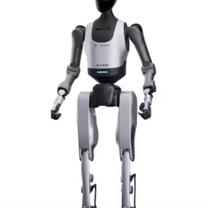 Sidabrinės ir juodos spalvos humanoidinis robotas matomas iš nugaros, su mechaninėmis rankomis, sąnarinėmis kojomis ir stabilizavimo elementais neutralioje studijinėje aplinkoje.