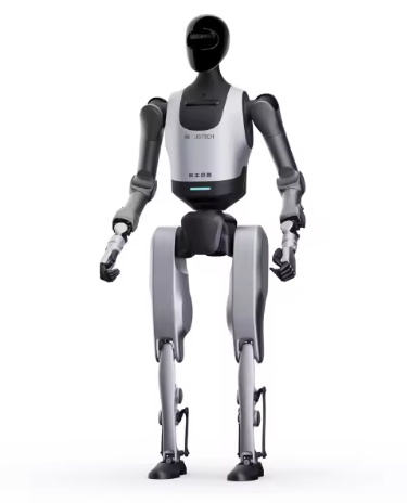 Sidabrinės ir juodos spalvos humanoidinis robotas matomas iš nugaros, su mechaninėmis rankomis, sąnarinėmis kojomis ir stabilizavimo elementais neutralioje studijinėje aplinkoje.