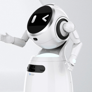 Baltas humanoidinis serviso robotas su juodu skaitmeniniu ekranu vietoje veido ir ištiesta ranka, pavaizduotas šviesiame fone.