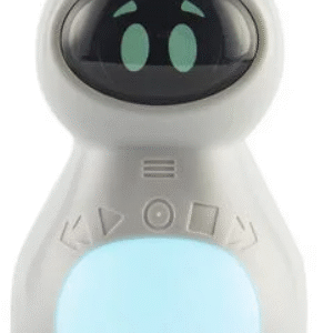 Mažas baltas mokymosi robotas su juodu ekranu vietoje veido ir šviečiančia mėlyna apatine dalimi, pavaizduotas šviesiame fone.