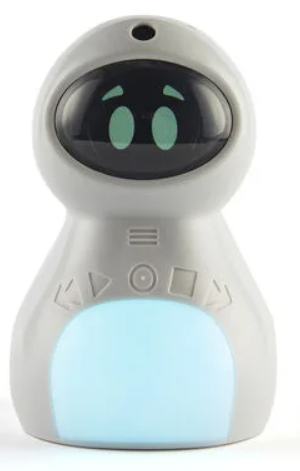 Mažas baltas mokymosi robotas su juodu ekranu vietoje veido ir šviečiančia mėlyna apatine dalimi, pavaizduotas šviesiame fone.