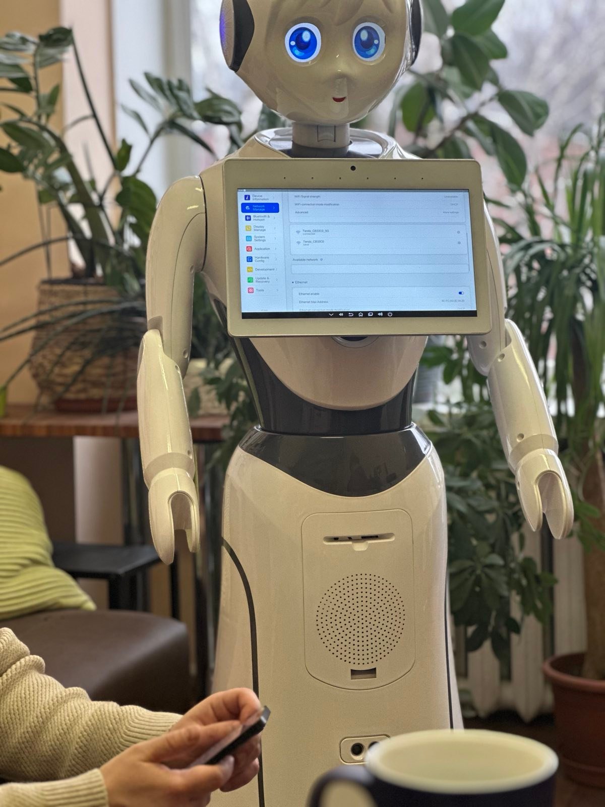 Dirbtinio intelekto humanoidinis robotas su dideliu ekranu ir navigacijos funkcija, naudojamas informacijos teikimui ir konsultacijoms.