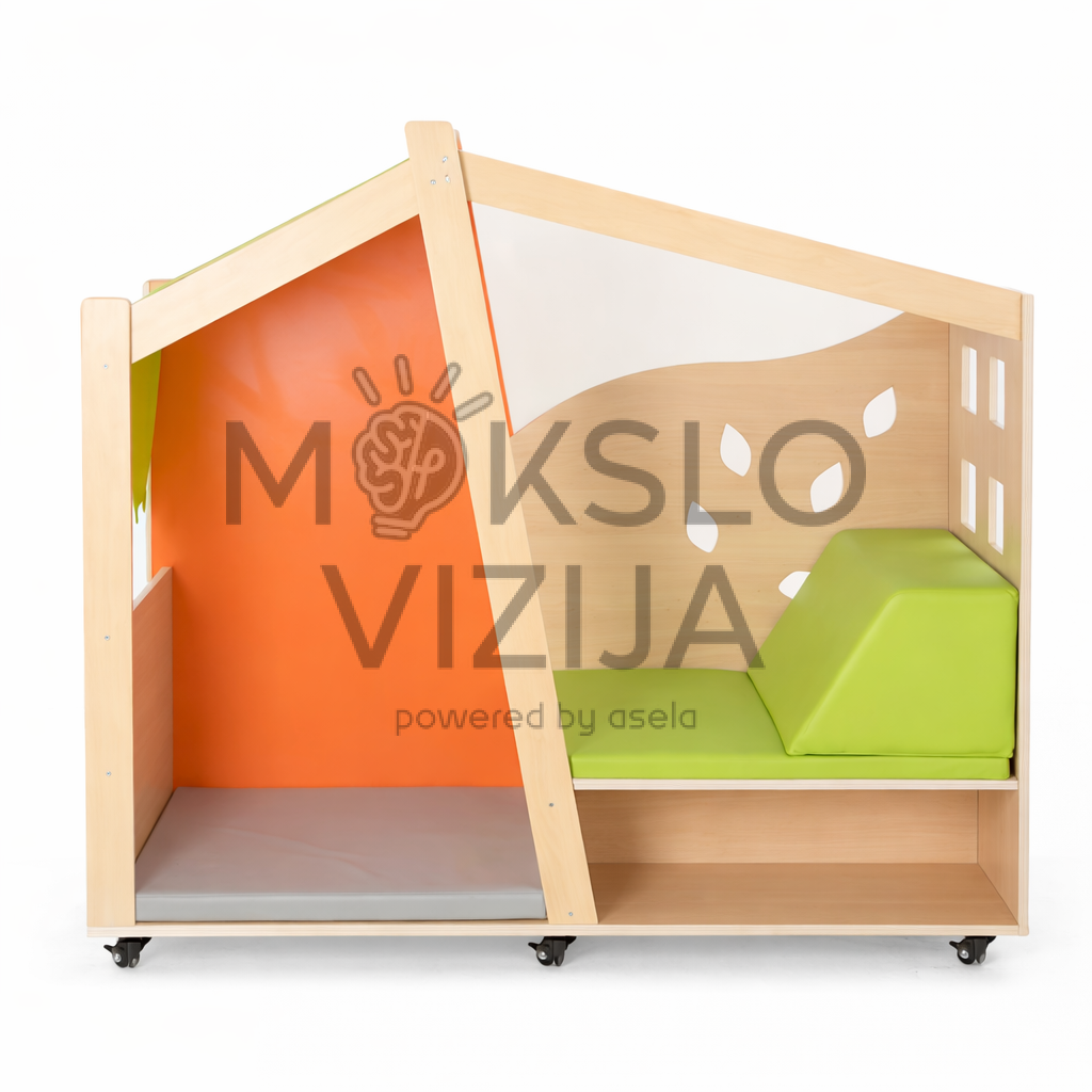 Vaikų vidaus namelis su ratukais ir vieta knygoms bei žaislams laikyti