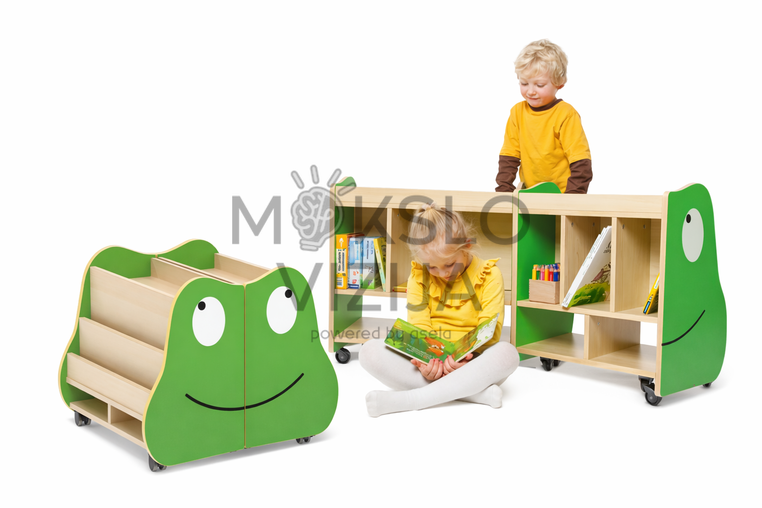 Vaikų knygų laikymo spintelė su daug skyrių ir ratukais