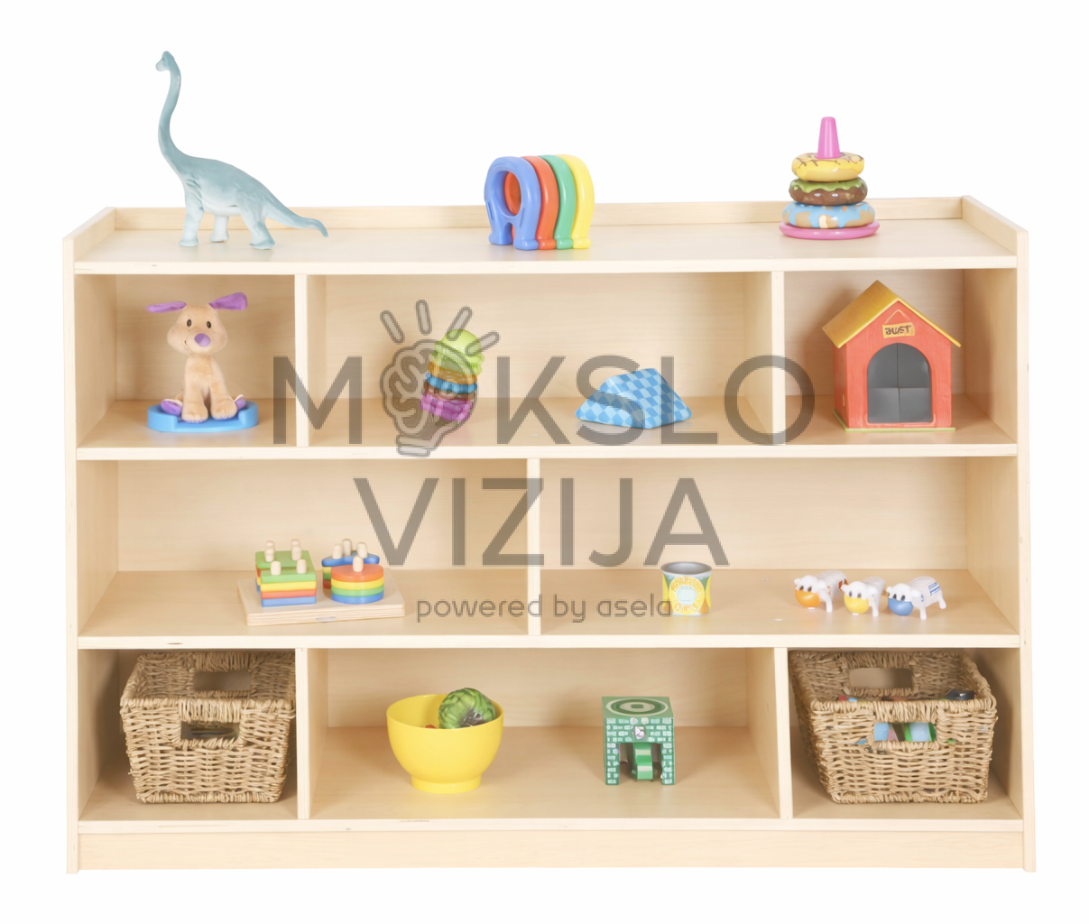 Medinė lentyninė spintelė su trimis lentynomis ir aštuoniais skyriais daiktams laikyti