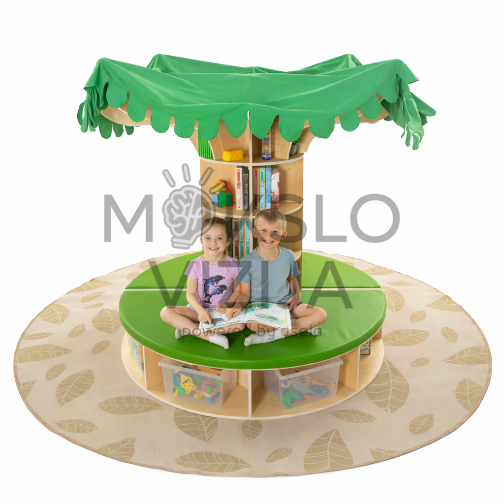 Medinis skaitymo baldas su minkštomis sėdynėmis ir vieta knygoms laikyti