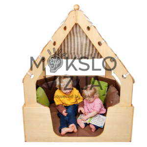 Jaukus vaikų žaidimų namelis su minkšta sėdėjimo zona ir tekstiliniu stogu