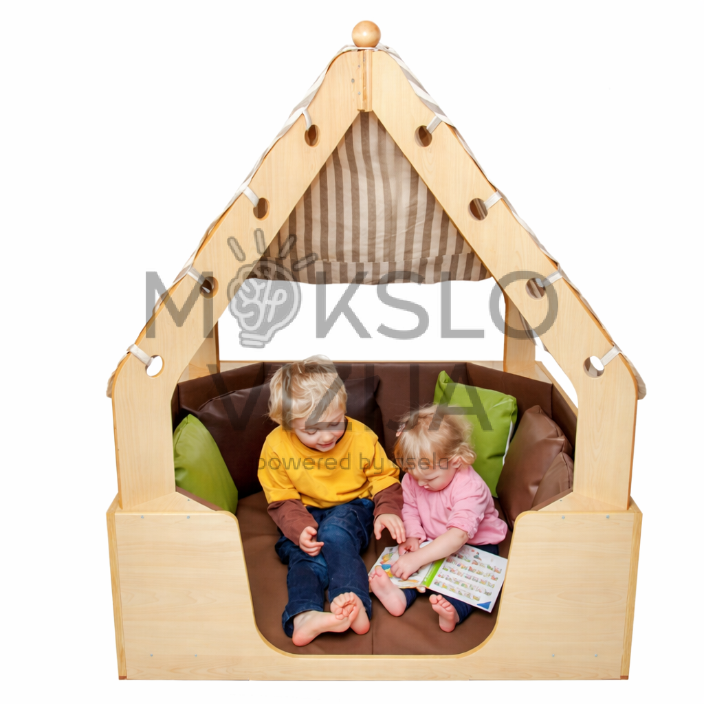 Jaukus vaikų žaidimų namelis su minkšta sėdėjimo zona ir tekstiliniu stogu