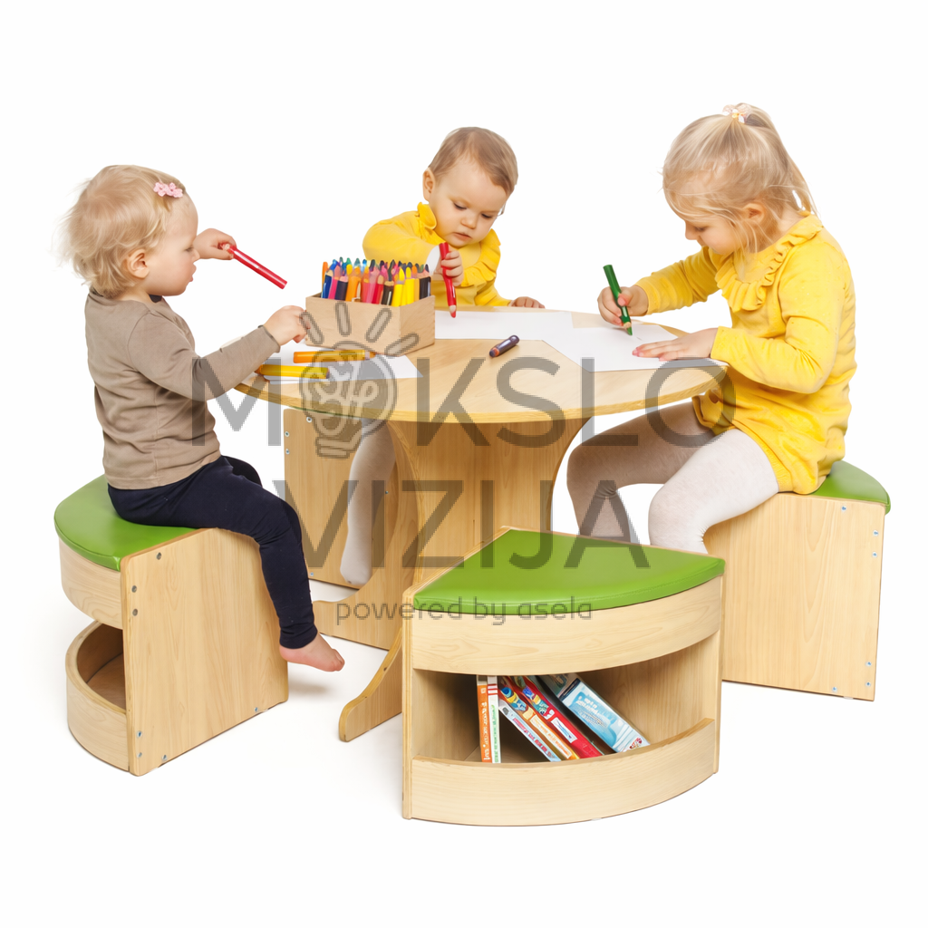 Kompaktiškas apvalus stalas su kėdutėmis vaikų veikloms ir žaidimams
