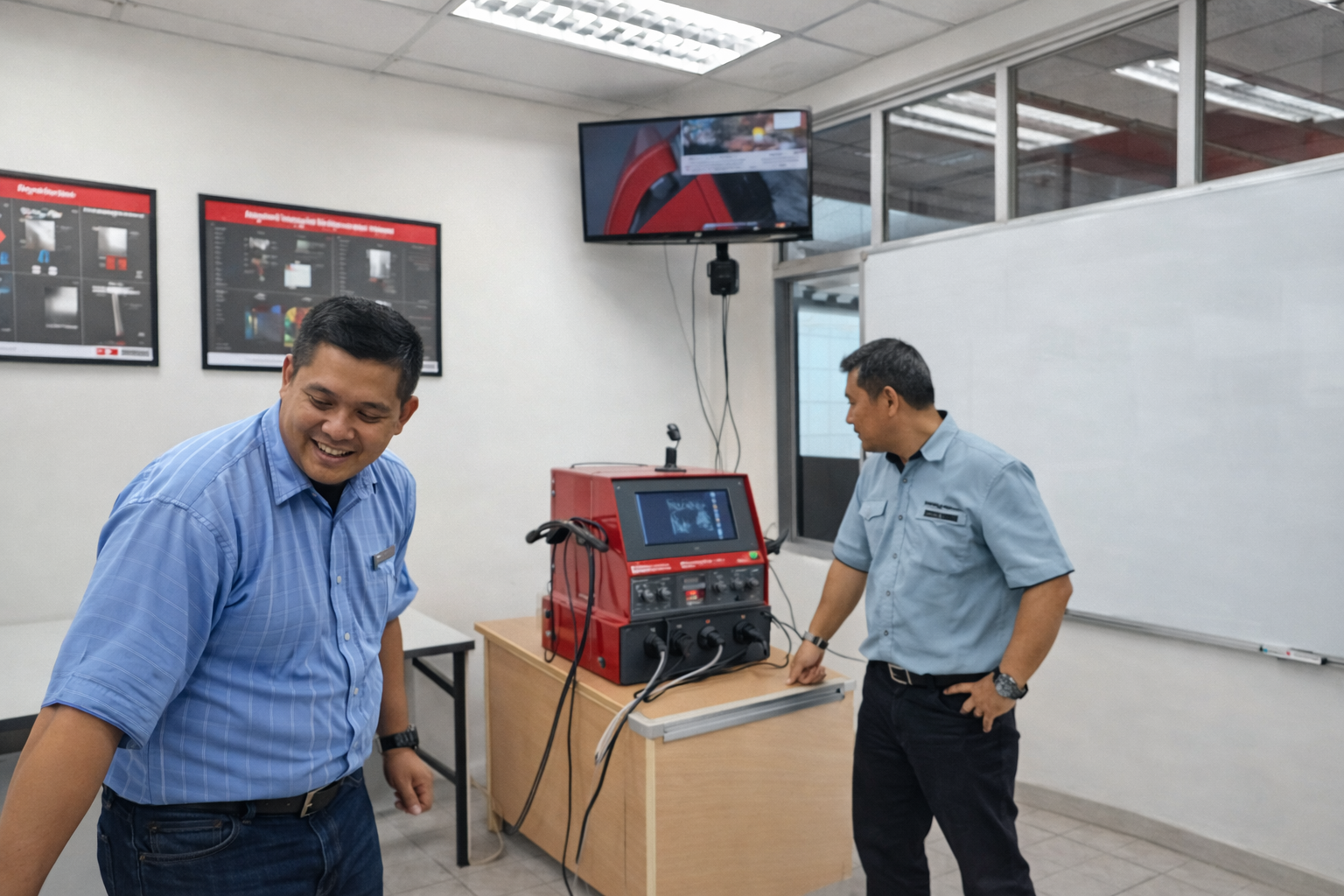 Profesinio mokymo klasė su virtualios realybės suvirinimo treniruokliu ir mokymo monitoriumi suvirinimo technologijų mokymui.