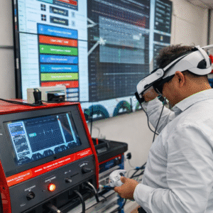 Studentas mokosi suvirinimo naudodamas virtualios realybės suvirinimo treniruoklį su VR akiniais ir mokymo programine įranga.