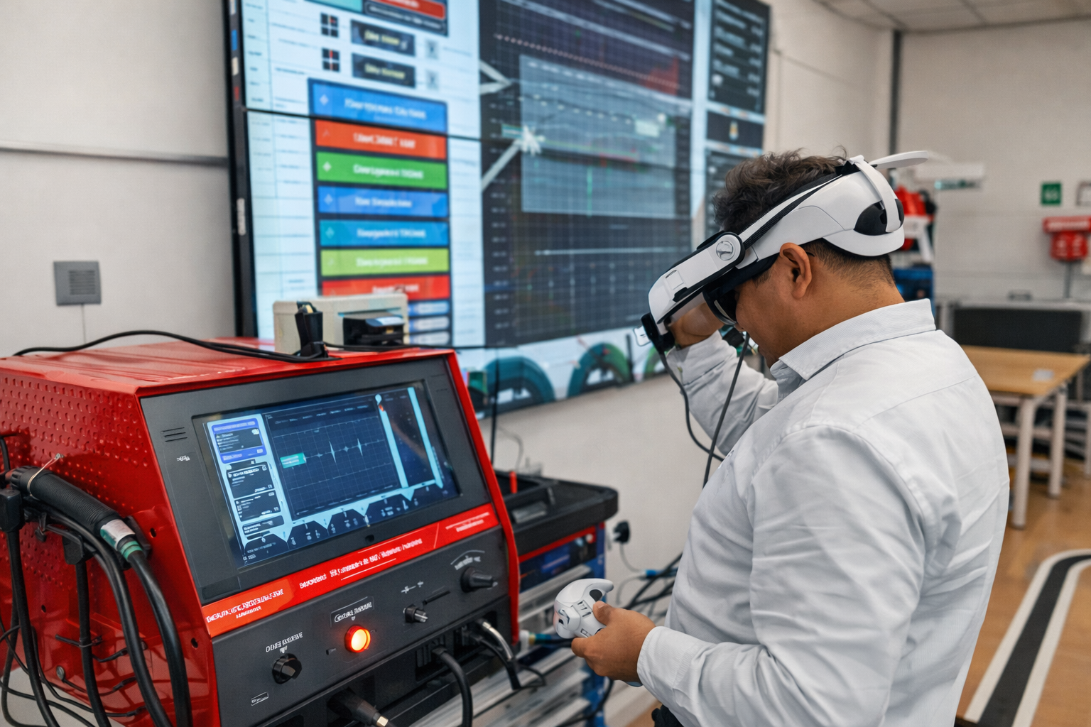 Studentas mokosi suvirinimo naudodamas virtualios realybės suvirinimo treniruoklį su VR akiniais ir mokymo programine įranga.