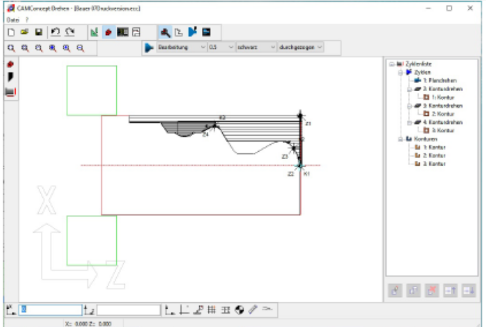 CNC tekinimo programinės įrangos langas su ruošinio kontūro brėžiniu ir CNC apdirbimo trajektorijų simuliacija.
