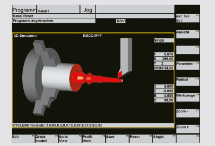 CNC apdirbimo simuliacijos programos ekranas su ruošinio modeliu ir įrankio trajektorijos vizualizacija.