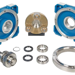 Planetinės pavaros mechanizmo komponentai su krumpliaračiais, guoliais ir pavaros korpusu.