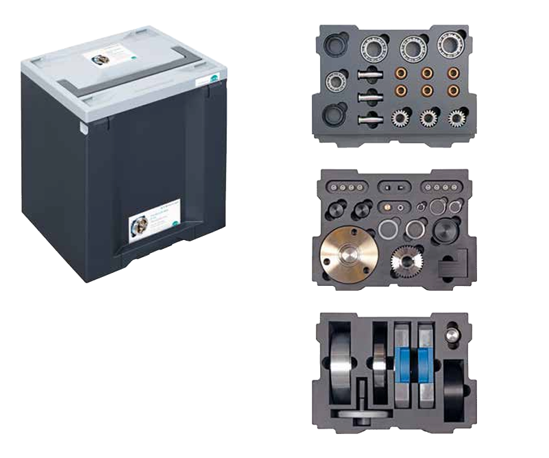 Planetinės pavaros mokymo rinkinys su mechaniniais komponentais ir transportavimo dėklu mechanikos laboratorijoms.