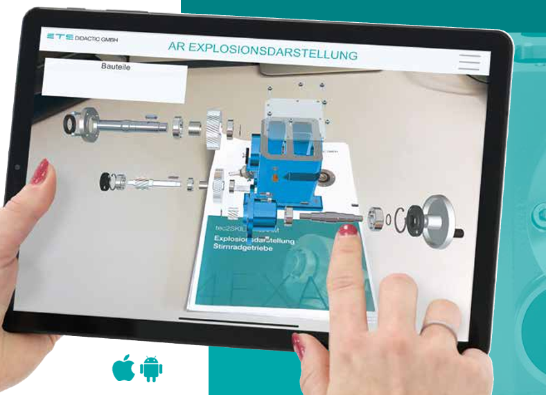 Planšetinis kompiuteris su papildytos realybės programa pavarų technologijos mokymui.
