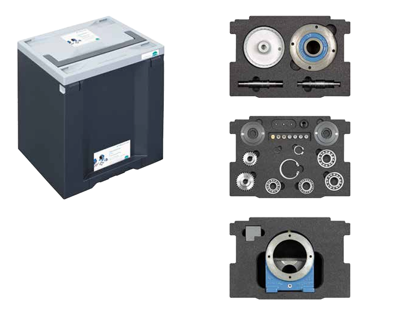 Kūginių krumpliaračių pavaros mokymo rinkinys su mechaniniais komponentais, korpusu, velenais ir guoliais mechanikos laboratorijoms.