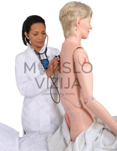 medicinos studentė atlieka auskultaciją ant slaugos mokymo manekeno