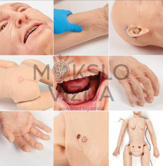 geriatrijos paciento slaugos ir klinikinių procedūrų mokymo treniruoklis medicininės simuliacijos manekenas su auskultacijos ir pacientų priežiūros funkcijomis