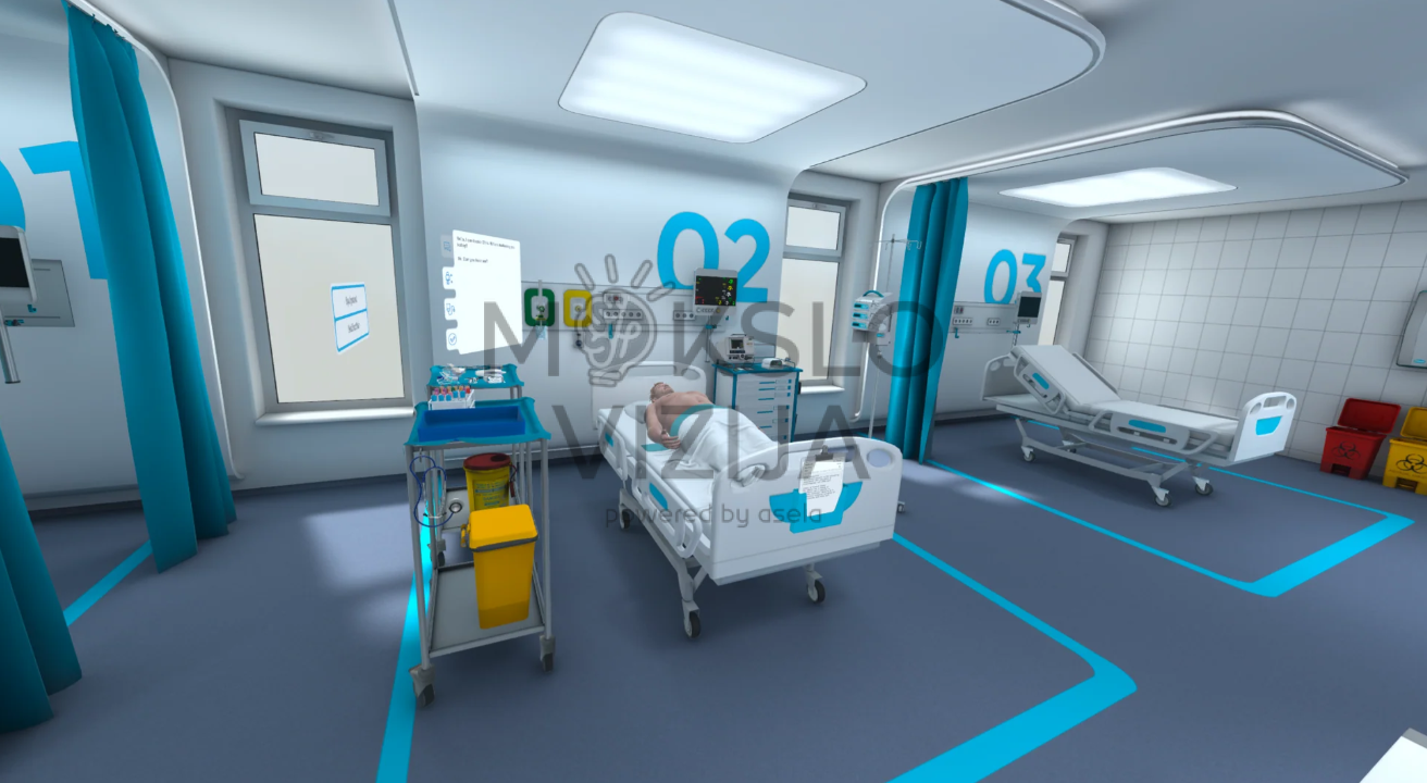 virtualios realybės ligoninės palata medicinos mokymo simuliacijos aplinka su pacientų lovomis
