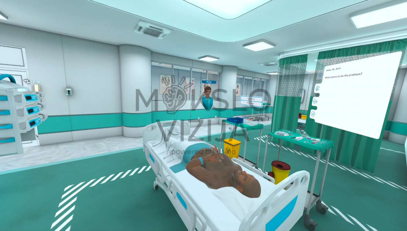virtualios realybės slaugos simuliacijos ligoninės palata su pacientu ir medicinine įranga skirta klinikinių įgūdžių mokymui