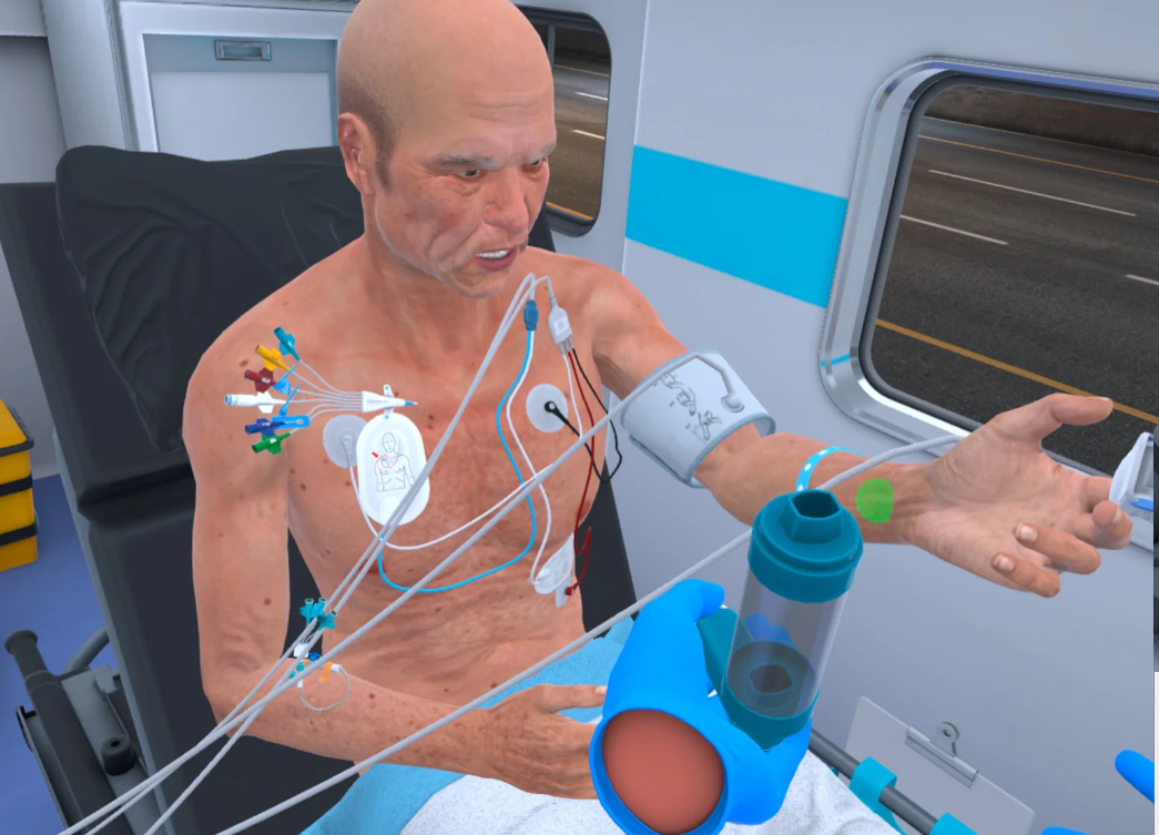 virtualios realybės pacientas su prijungta medicinine įranga gyvybinių funkcijų stebėjimui