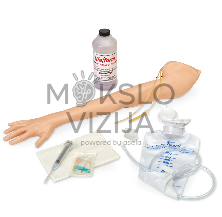 Vaikų medicininė treniruočių ranka su skysčių maišeliu, dirbtinio kraujo buteliu, švirkštu ir dėklu venipunktūros ir injekcijų mokymams