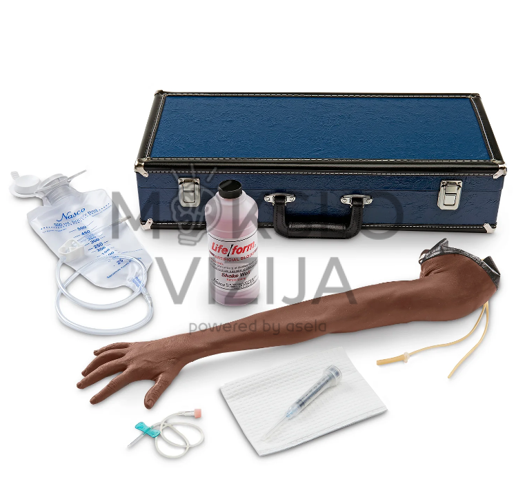 Vaikų treniruočių rankos modelis su skysčių sistema, švirkštu ir medicininiais priedais injekcijų ir veninės prieigos mokymui