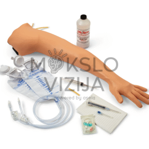 Medicininė treniruočių ranka su švirkštais, skysčių maišeliu ir dirbtiniu krauju skirta venipunktūros ir intraveninių procedūrų praktikai