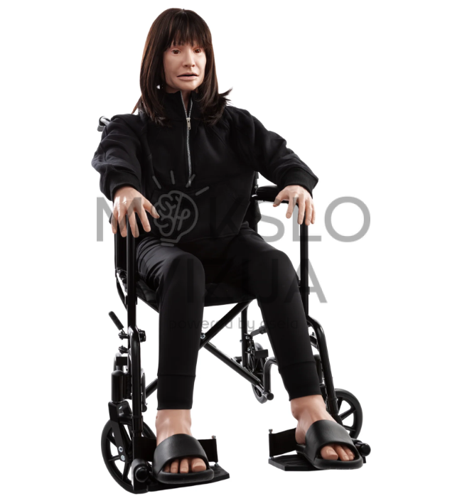 Medicininis manekenas sėdintis neįgaliojo vežimėlyje naudojamas slaugos, pacientų priežiūros ir simuliaciniams mokymams