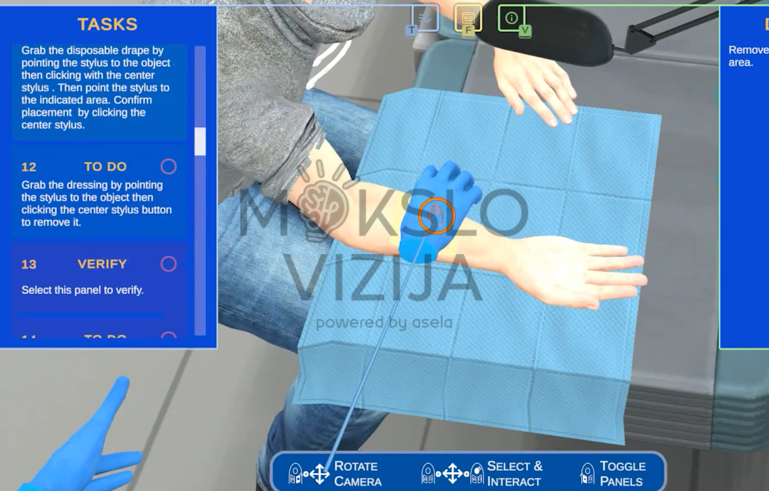 Virtualus medicinos mokymo scenarijus su užduočių sąrašu ir pacientu, naudojamas klinikinių procedūrų praktikai