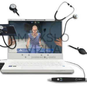 Nešiojamas kompiuteris su virtualiu pacientu ekrane ir medicininiais įrankiais aplink, naudojamas medicinos asistento mokymui