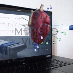3D širdies modelis su pažymėtais signalais ir EKG bangomis naudojamas medicinos mokymams