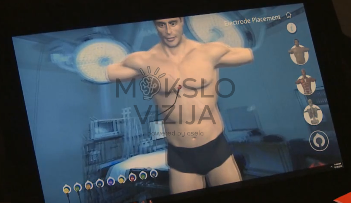 Virtualus žmogaus modelis su pažymėtais EKG elektrodais ir medicinine mokymo sąsaja