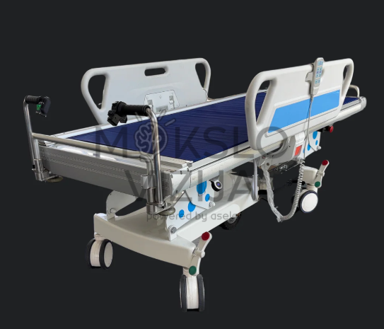 Medicininė lova su mobilia baze, slydimo paviršiumi ir apsauginiais turėklais pacientų perkėlimui