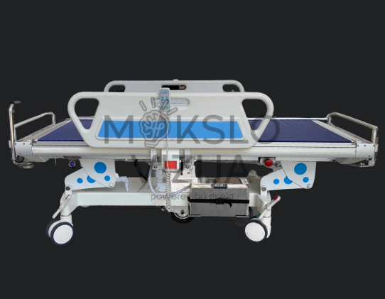 Ligoninės lova su reguliuojamu aukščiu, slydimo platforma ir ratukais pacientų transportavimui