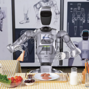 humanoidinis robotas laboratorijoje neša dėklą su komponentais