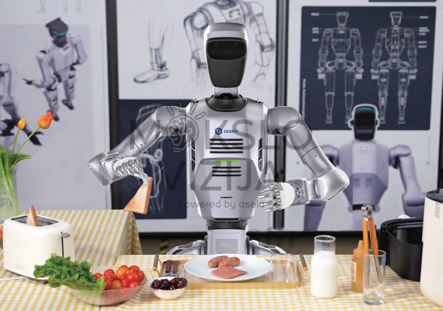 humanoidinis robotas laboratorijoje neša dėklą su komponentais