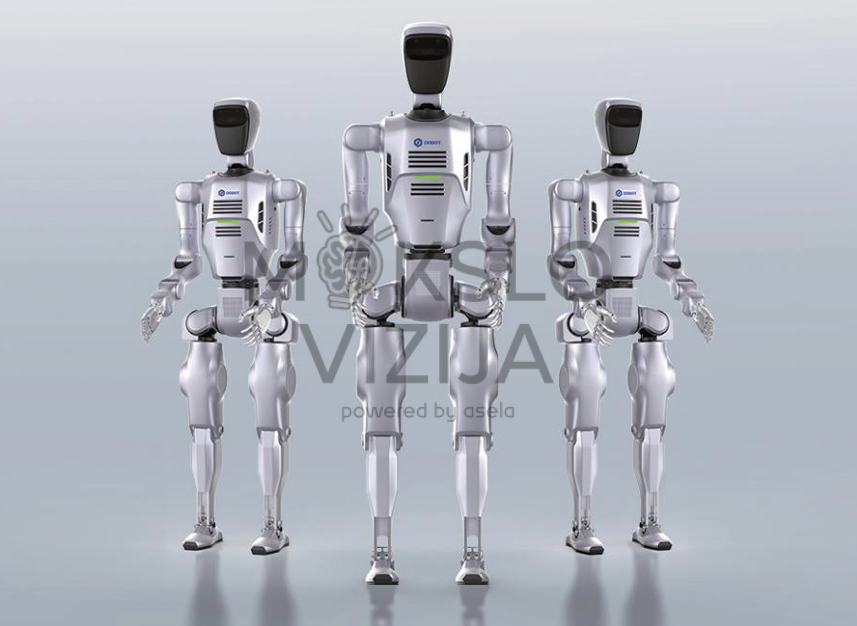 humanoidinis robotas virtuvėje ruošia maistą su ingredientais ant stalo