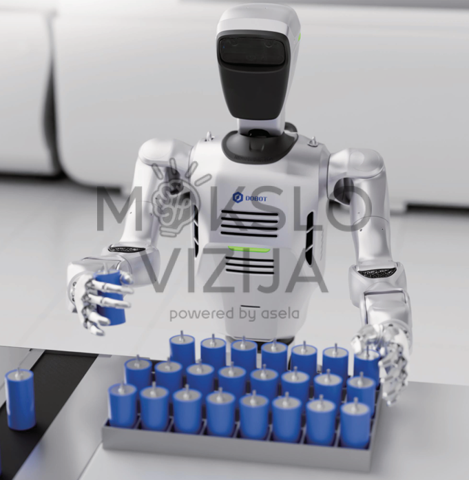 humanoidinis robotas dėlioja mažus cilindrinius objektus ant padėklo