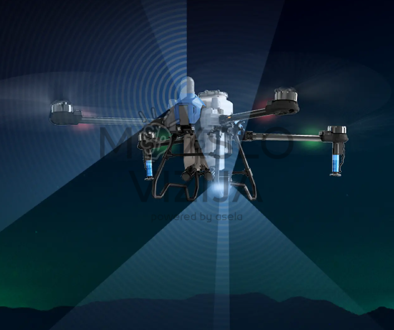 Žemės ūkio dronas su aktyvia kliūčių aptikimo ir radarų sistema