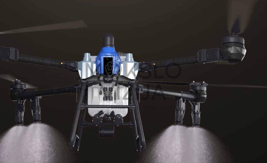 Žemės ūkio dronas purškiantis pasėlius su stipriu ir tolygiu srautu