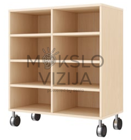 Medinė laikymo spintelė su 8 atvirais skyriais, mobilus variantas su ratukais