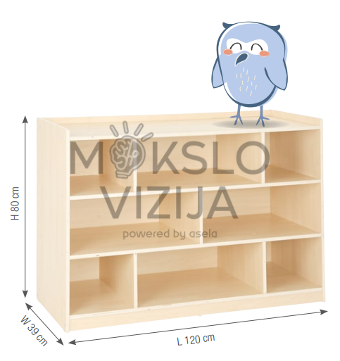Medinė spintelė su atviromis lentynomis ir skyriais žaislams bei priemonėms laikyti