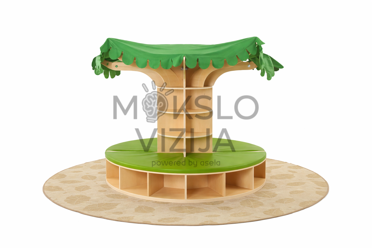 Vaikų skaitymo sala medžio formos su sėdėjimo vietomis ir lentynomis