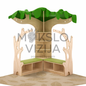 Vaikų skaitymo kampelis medžio formos su sėdėjimo vieta ir lentynomis knygoms