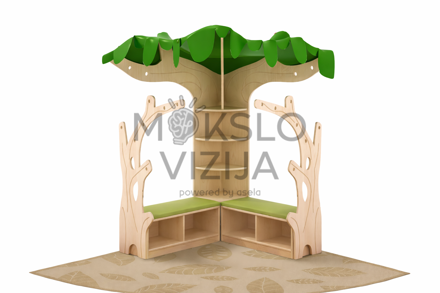 Vaikų skaitymo kampelis medžio formos su sėdėjimo vieta ir lentynomis knygoms