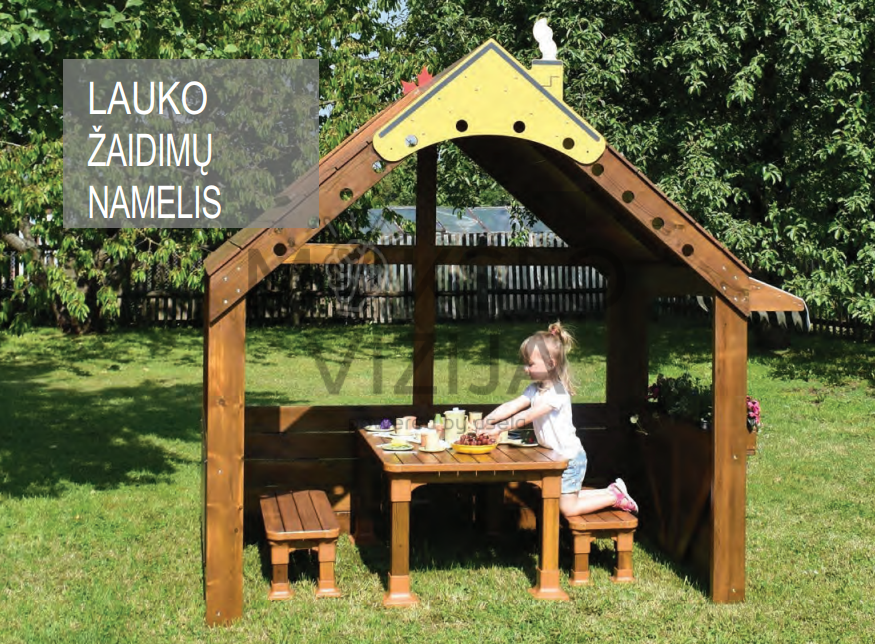 Lauko žaidimų namelis erdvus ir patvarus sprendimas vaikų žaidimams lauke.